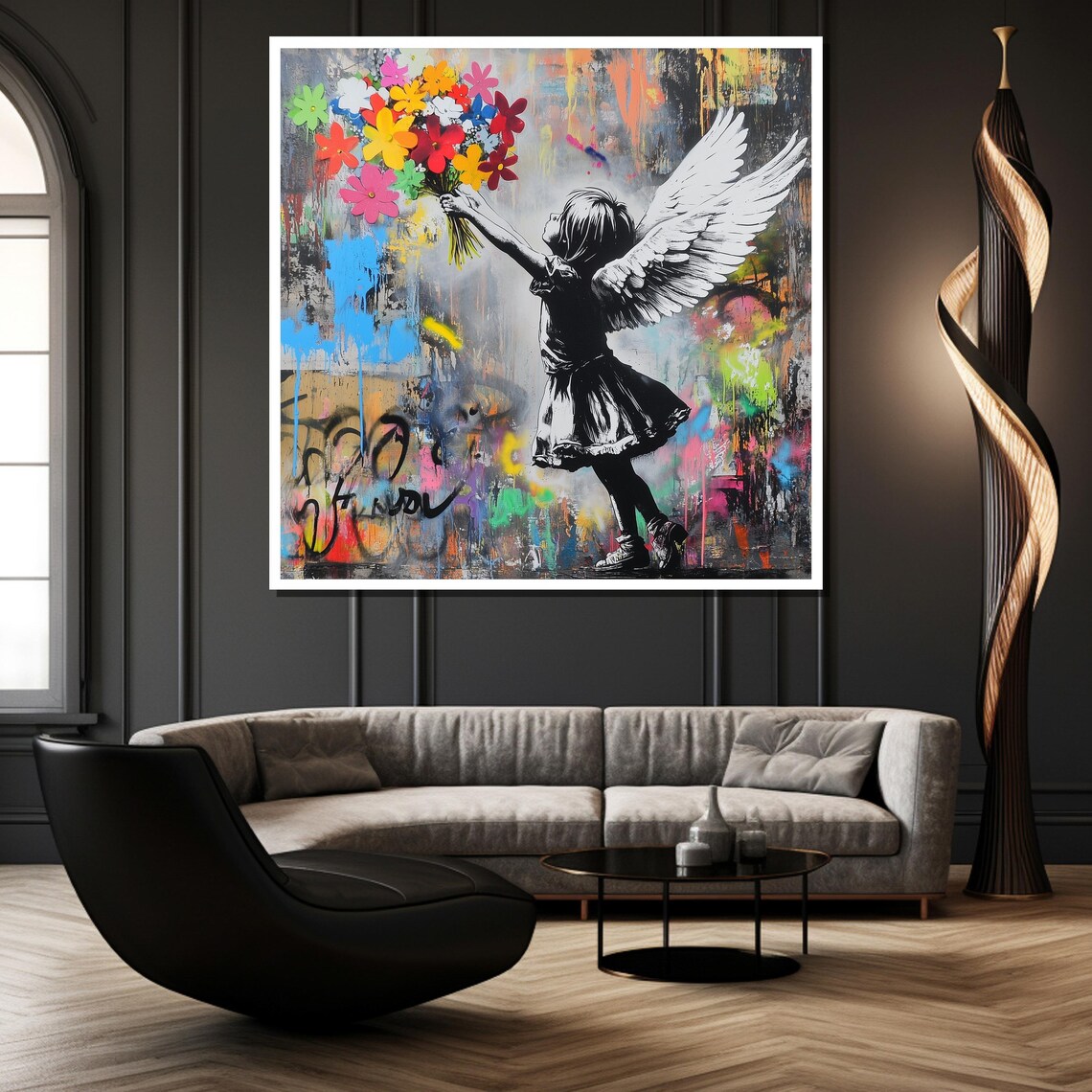 Angel Girl Holding Colorful Flowers Graffiti Style Art Poster - Image 2