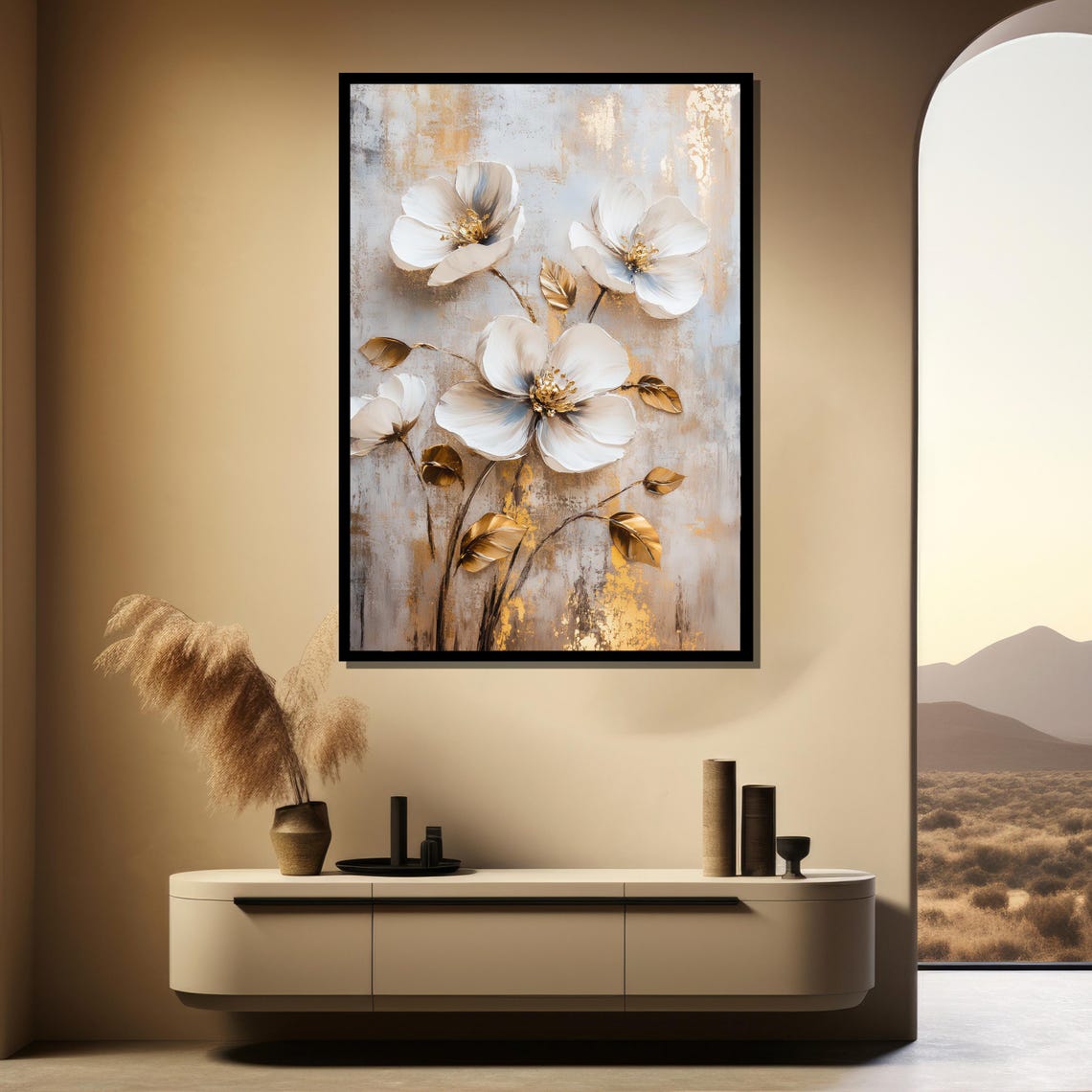 White Flowers Gold Leaf Floral Painting Luxurious Bedroom Wall Poster - Image 5
