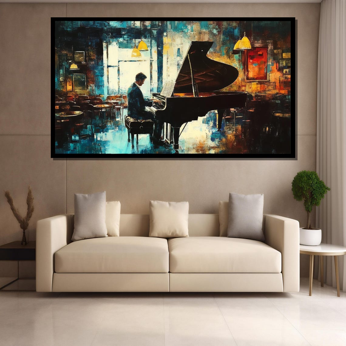Pianist at Grand Piano in Moody Lamplit Cafe Impressionist Poster - Image 4