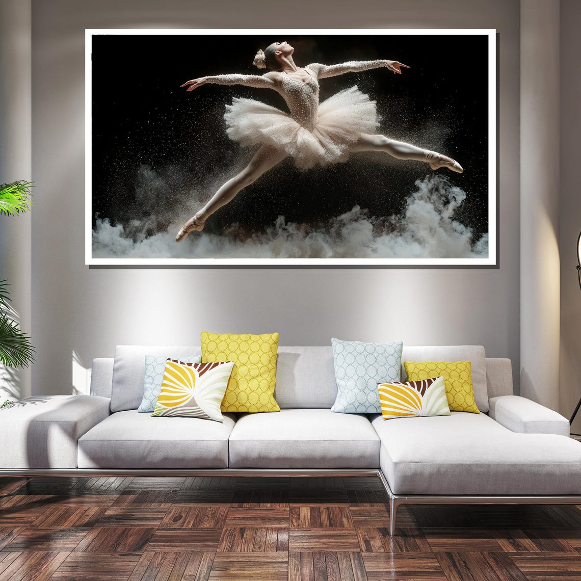 White Tutu Ballerina Leaping Over Glittering Clouds in Dark Art Poster - Image 2