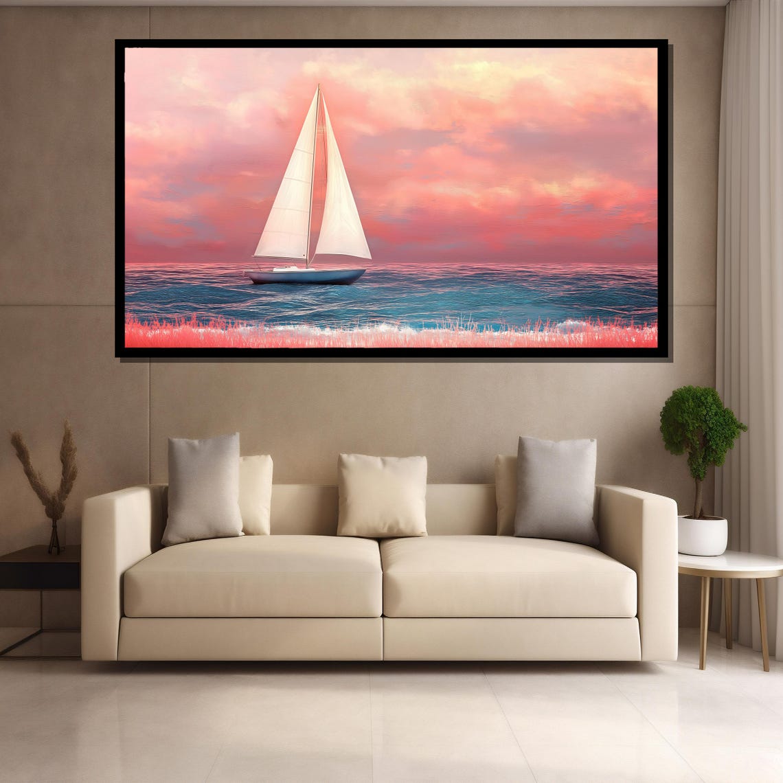 Sailboat Pink Sunset Glow Over Calm Ocean Horizon Scene Poster - Image 4