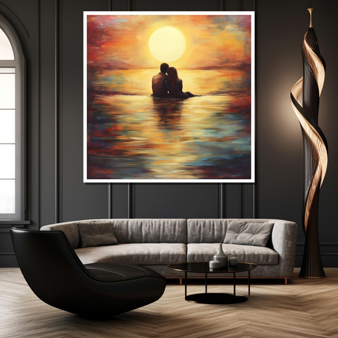 Sunset Beach Couple Seated in Ocean Water Romantic Painting Poster - Image 4