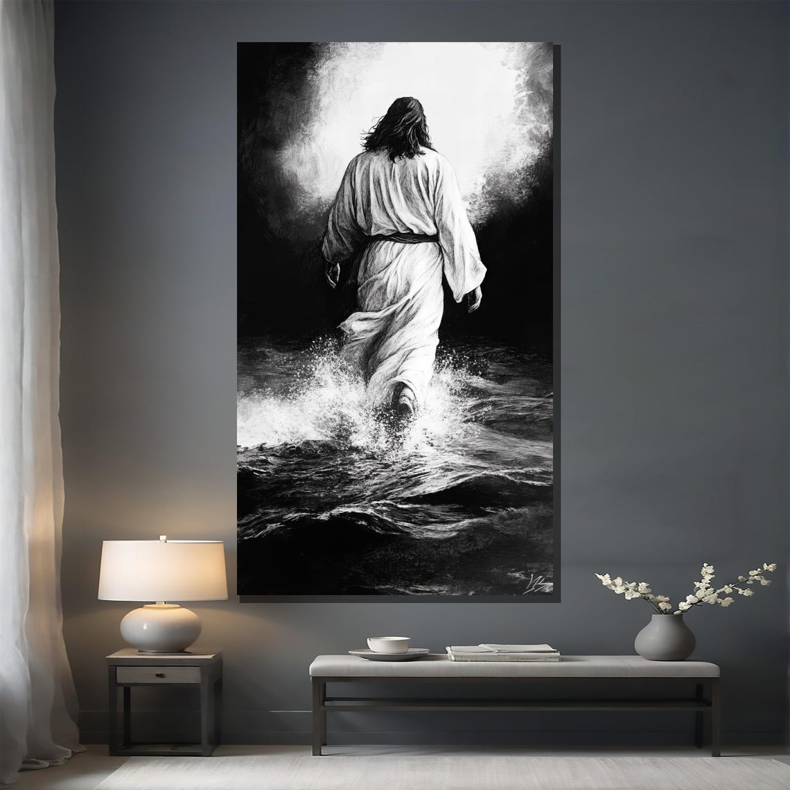 Jesus Walking on Water Black and White Dramatic Stormy Sea Poster - Image 3