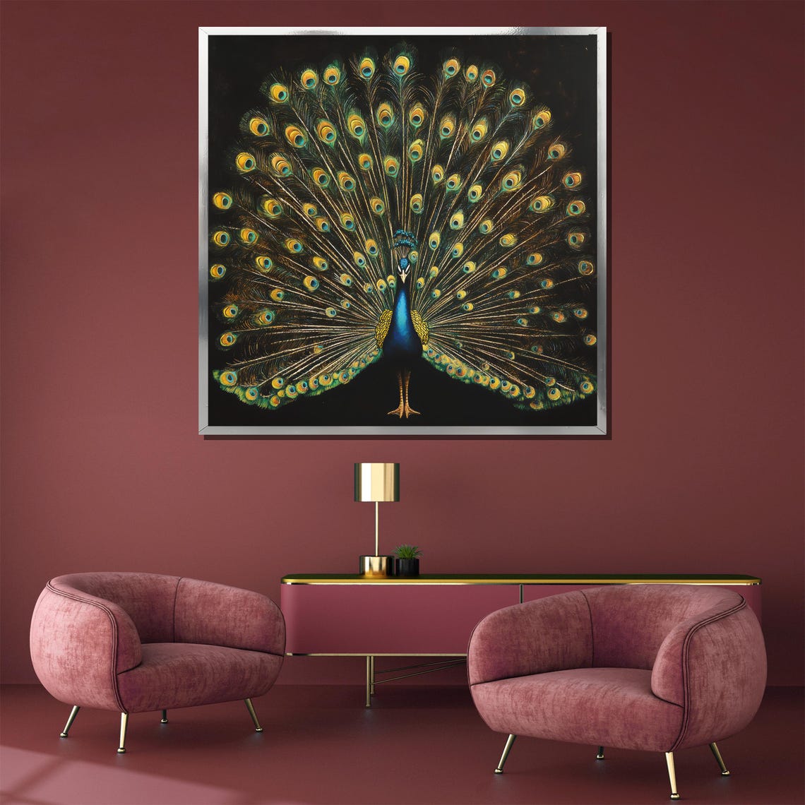 Majestic Peacock Tail Display Dark Background Elegant Poster - Image 3