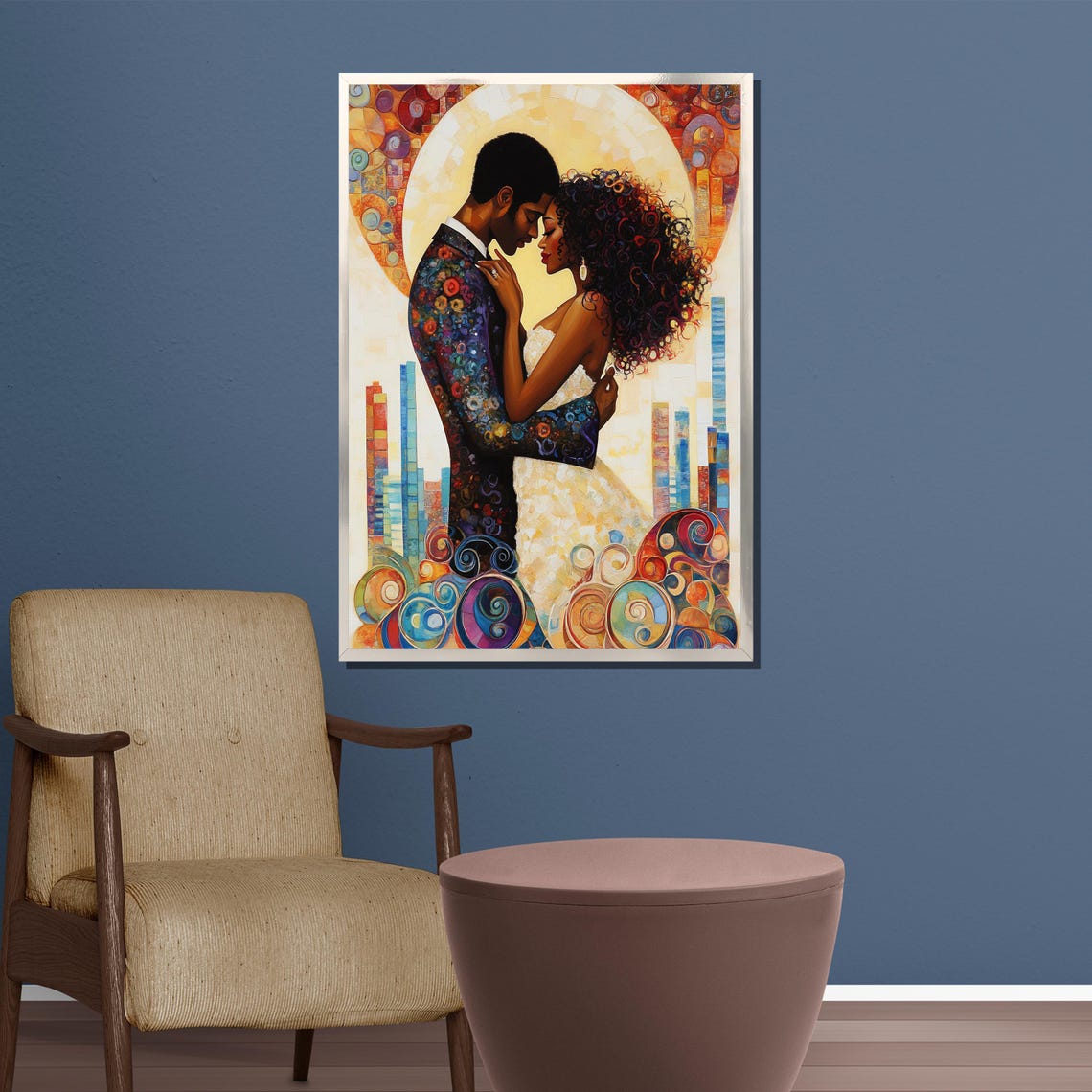 Vibrant Abstract Romantic Couple Embrace Modern City Art Poster - Image 4