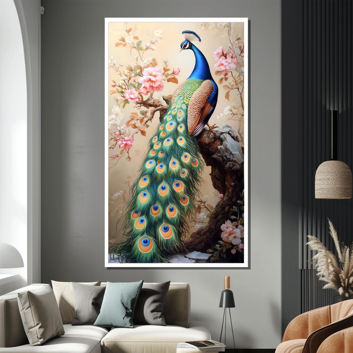 Elegant Peacock Perched On Rock Cherry Blossom Vertical Poster - Image 2