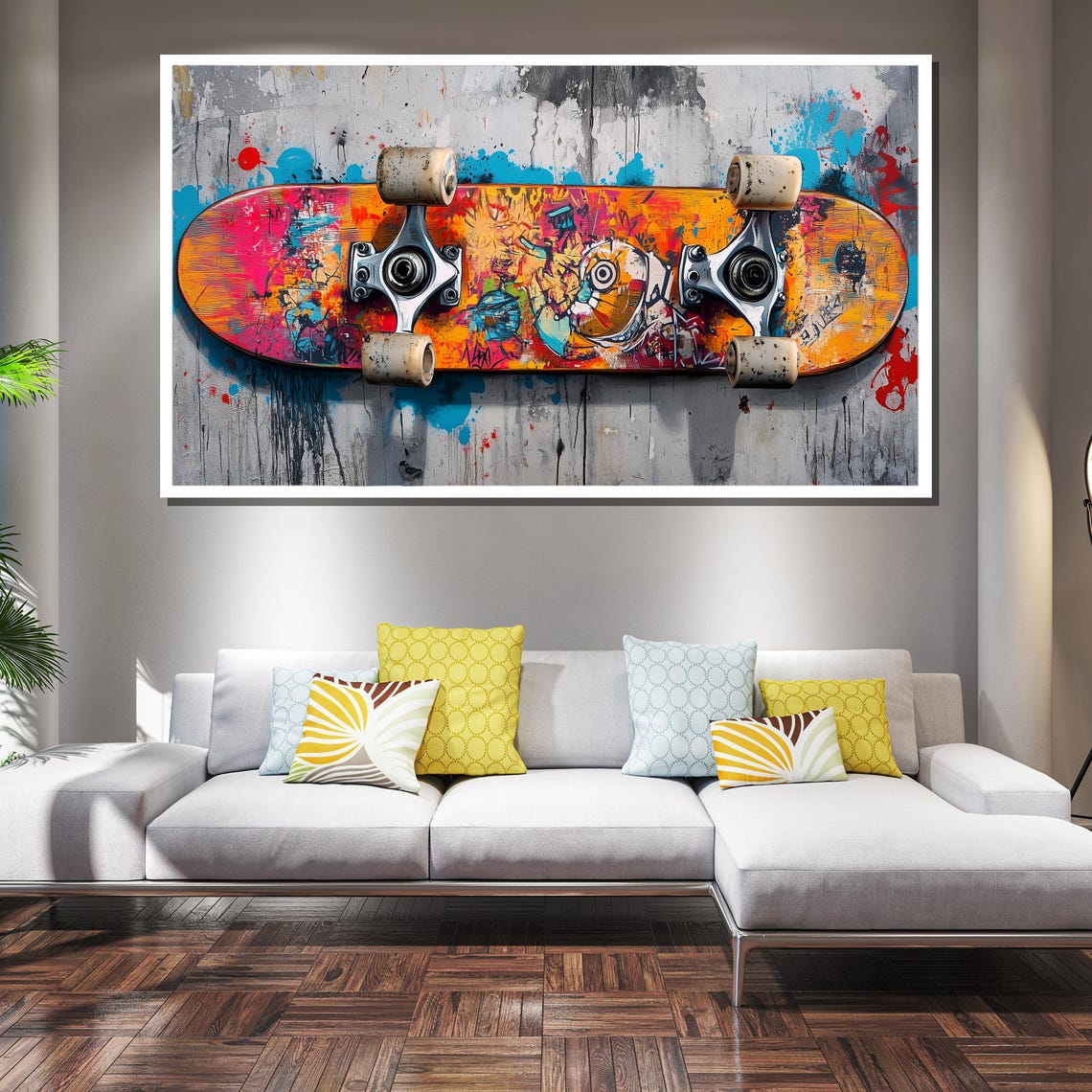 Graffiti Painted Skateboard Floating Against A Concrete Wall Poster - Image 2