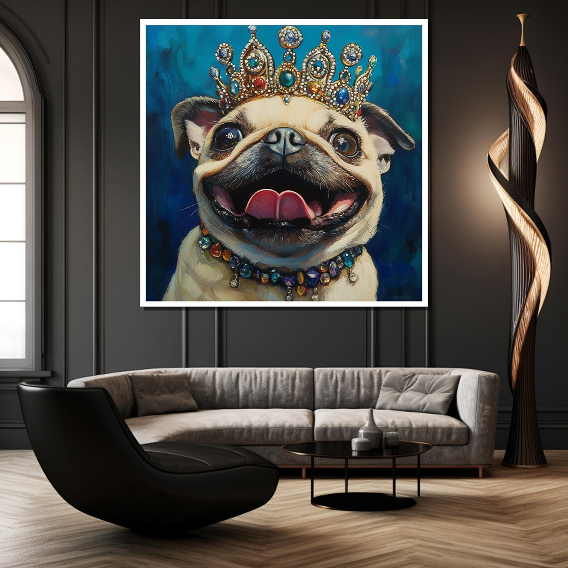 Smiling Pug Wearing a Sparkling Jeweled Crown Cute Funny Poster - Image 2