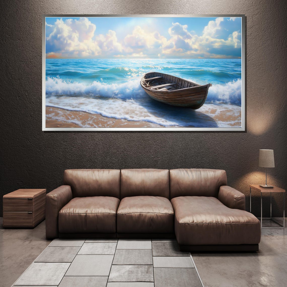 Wooden Boat on Shore Turquoise Ocean Waves Scene Coastal Poster - Image 3