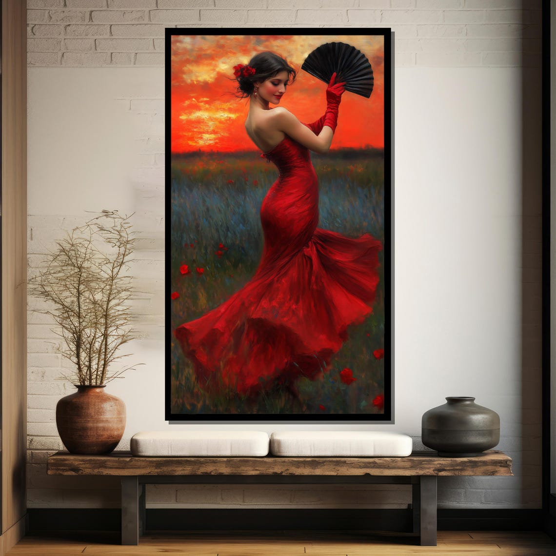 Flamenco Dancer Red Dress Sunset Field Spanish Art Wall Poster - Image 4