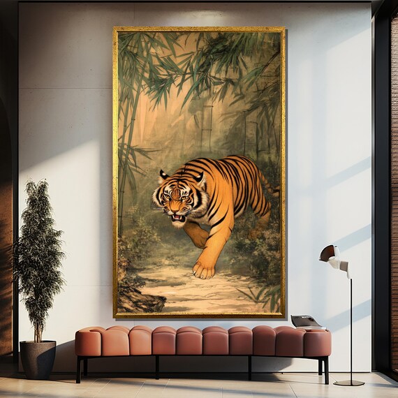 Tiger Walking Through a Misty Bamboo Forest Asian Style Poster
