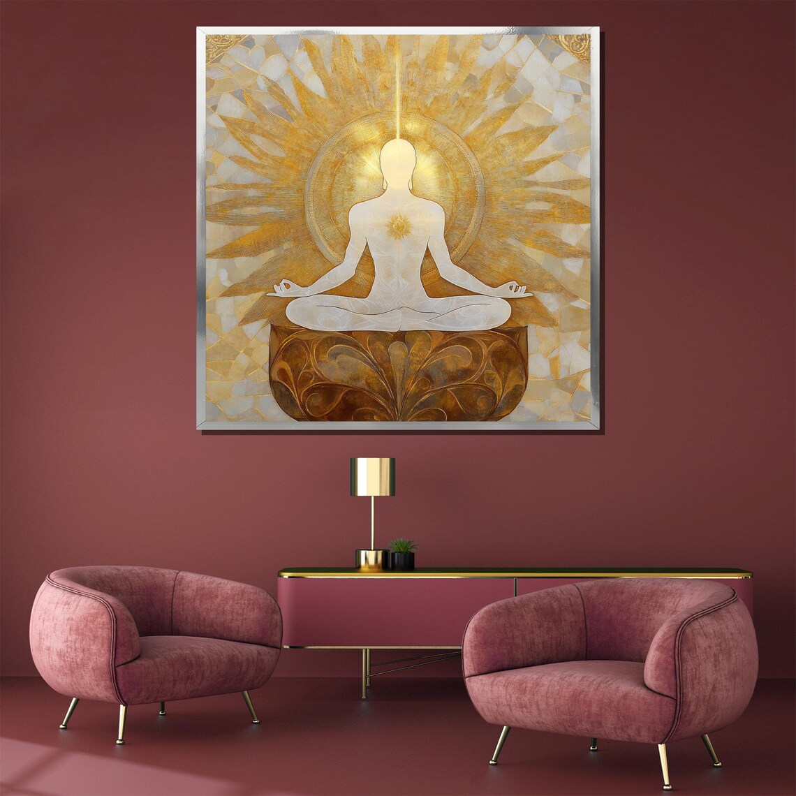 White Meditator Silhouette in a Golden Sunburst Mosaic Poster - Image 3