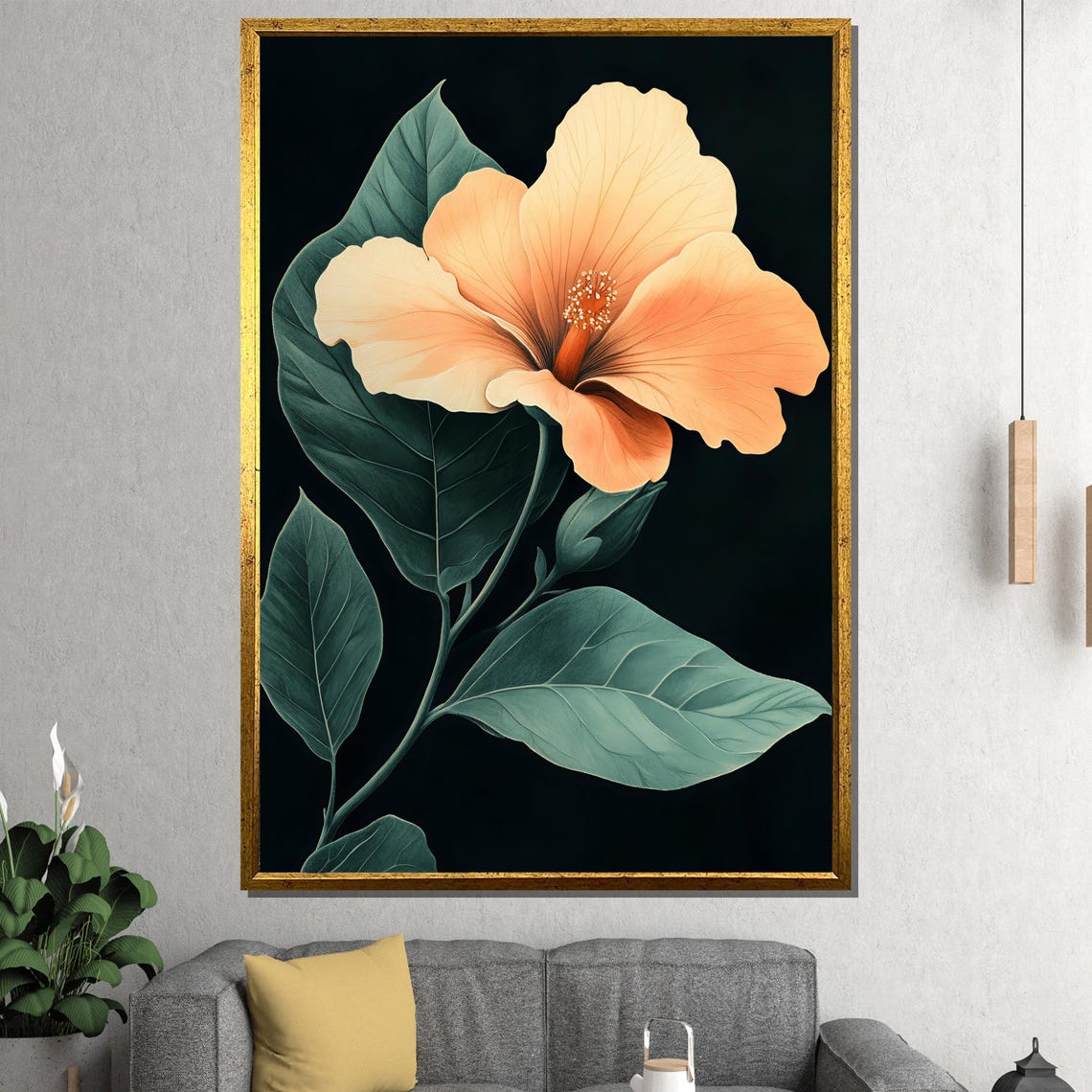 Peach Orange Hibiscus Bloom On Black Tropical Floral Art Poster