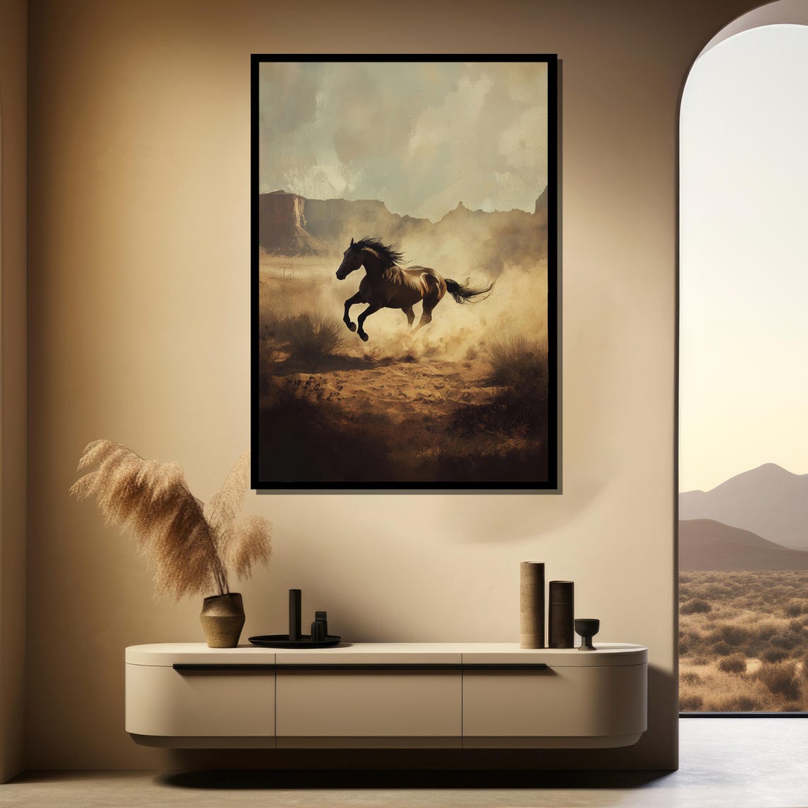 Black Horse Galloping Through Desert Dust Western Mesa Art Poster - Image 4
