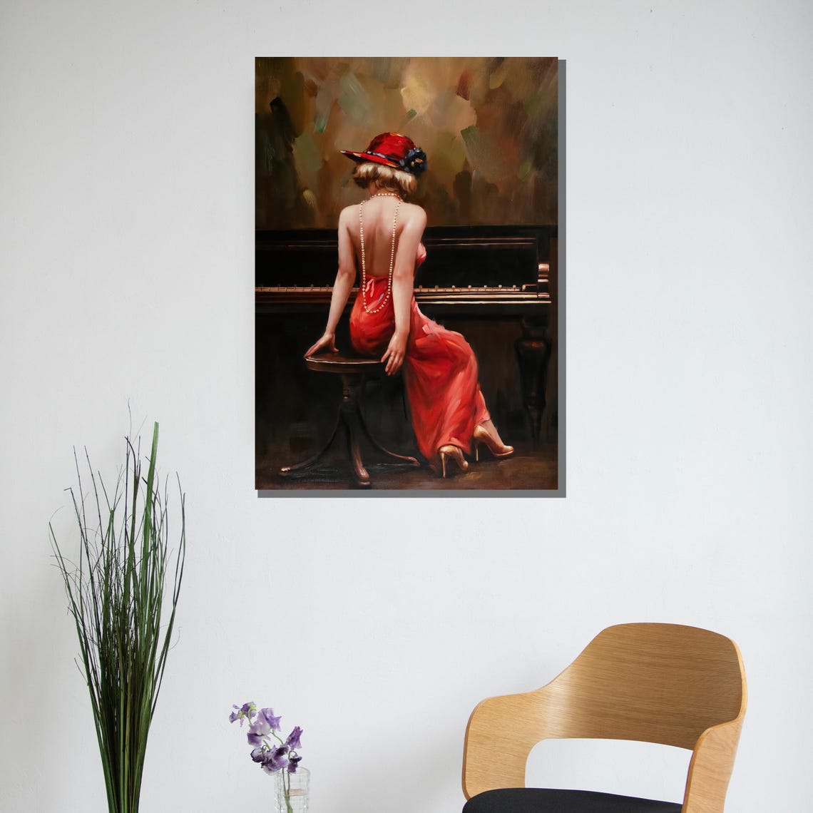 Elegant Woman At Piano Painting Red Dress Wall Art Gift For Sophisticated Living Room Or Music Room Decor - Image 2