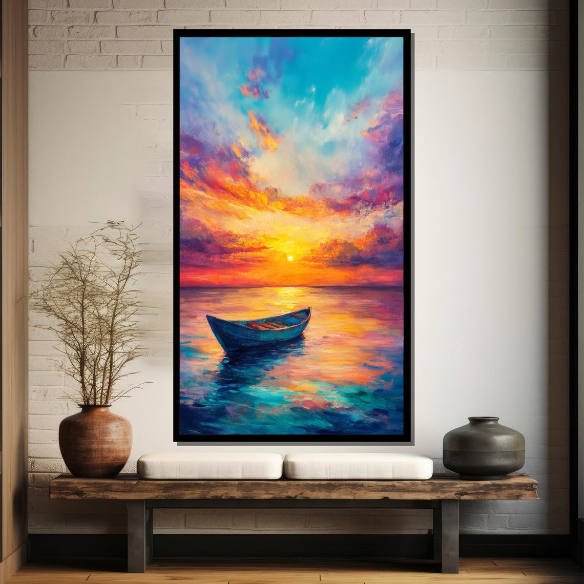 Colorful Vibrant Sunset Rowboat on Calm Ocean Seascape Poster - Image 5