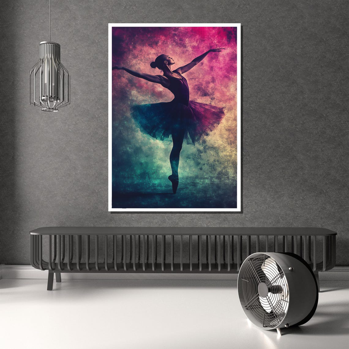 Colorful Ballerina Silhouette Dancing in Pink and Teal Grunge Poster - Image 2