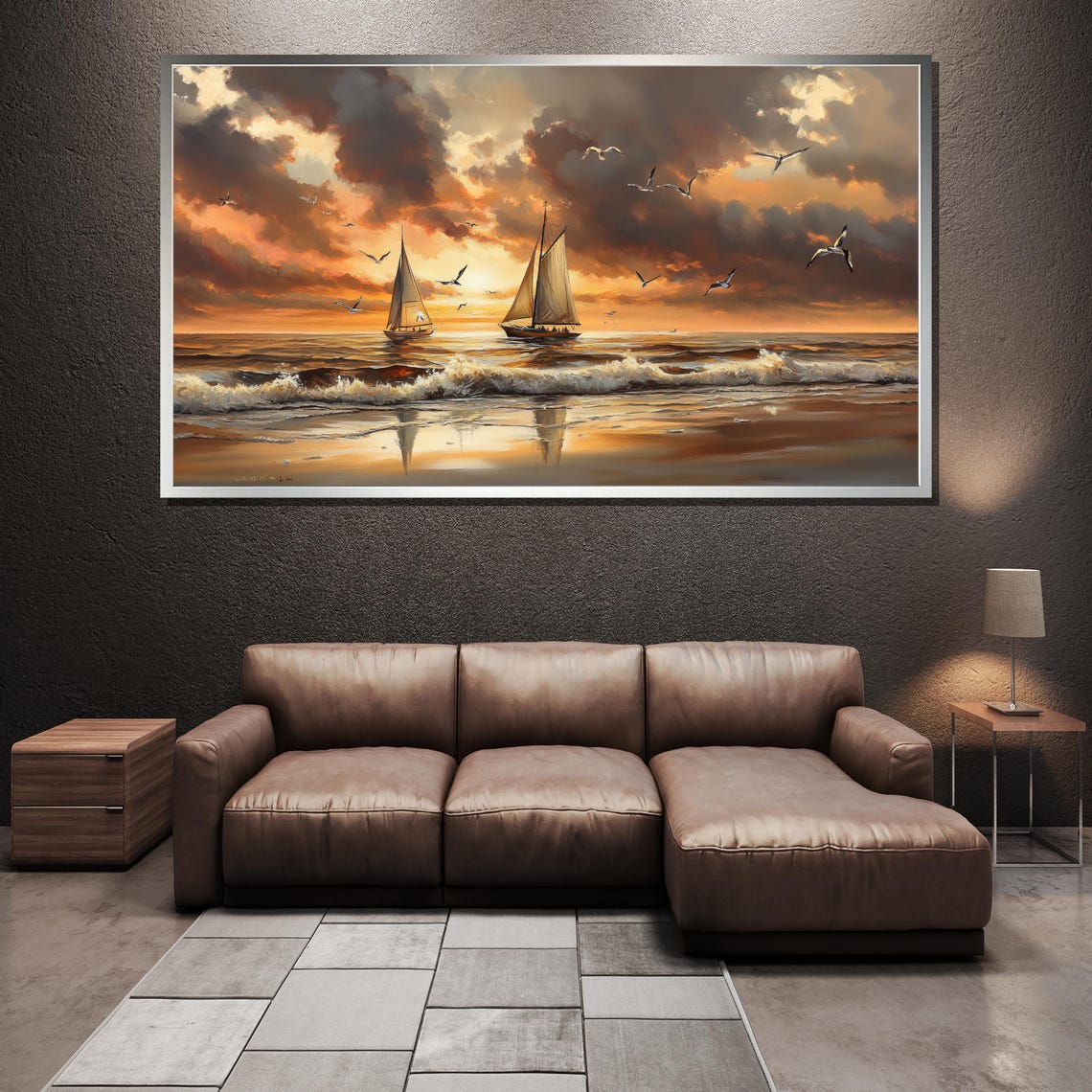 Sailboats At Sunset Over Golden Ocean Waves Seagulls Marine Poster - Image 3