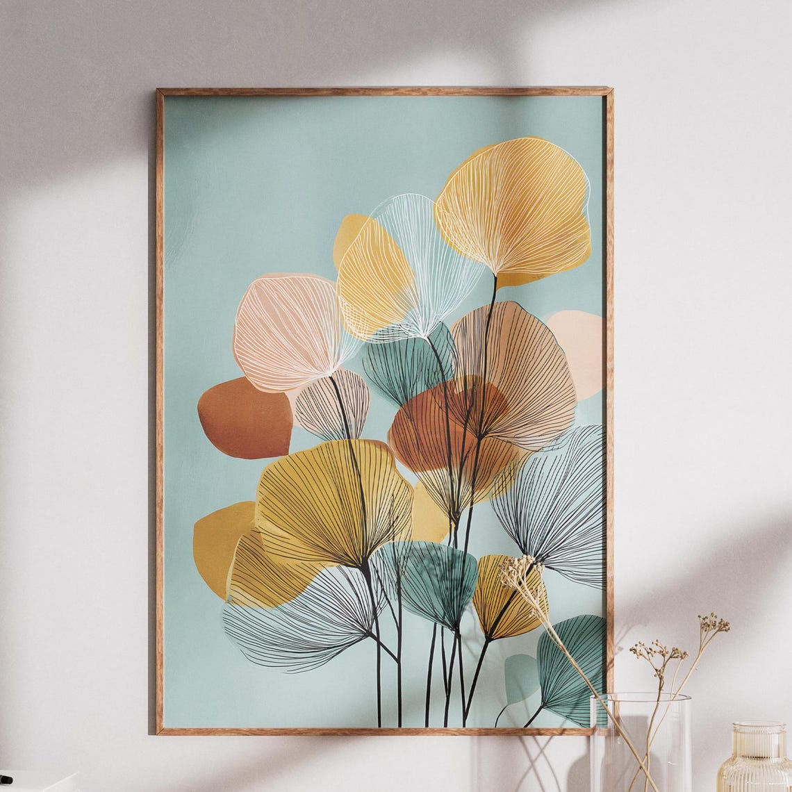 Abstract Botanical Leaves Line Art Teal Gold Mid-Century Decor Poster