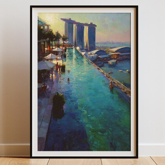 Singapore Skyline Art Print Marina Bay Sands Painting Modern Cityscape Wall