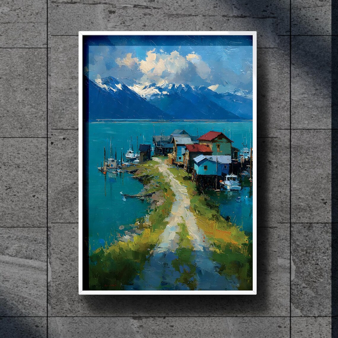 Colorful Fishing Village Harbor Snowy Mountains Painting Poster