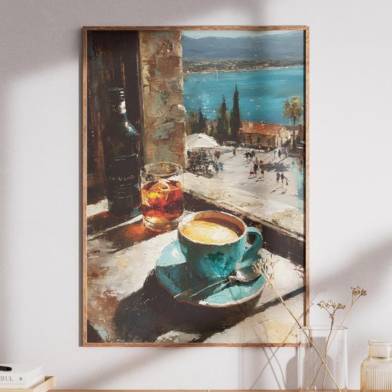 Coffee Cup Ocean View Art Mediterranean Coastal Caf Print Kitchen Wall Turquoise Sea Decor
