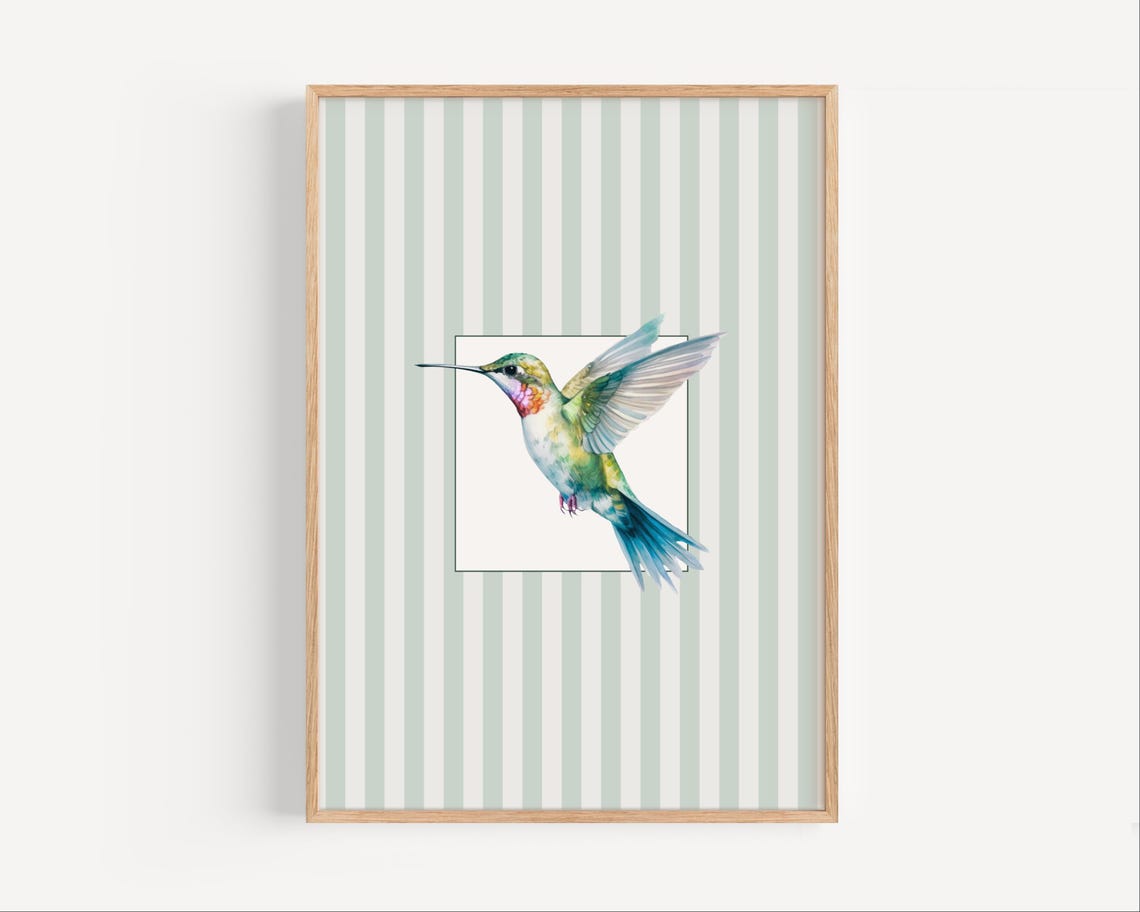 Watercolor Hummingbird on Sage Green Stripes Nature Wall Art