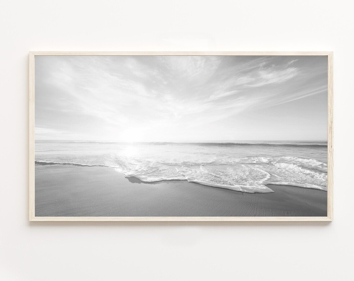 Minimalist Black and White Ocean Waves Beach Scene Art Poster