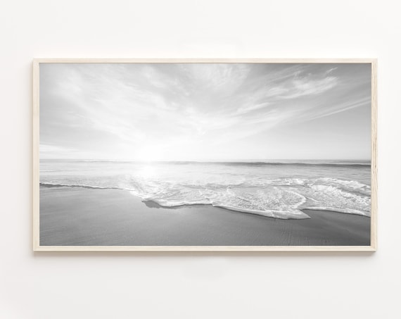 Minimalist Black and White Ocean Waves Beach Scene Art Poster