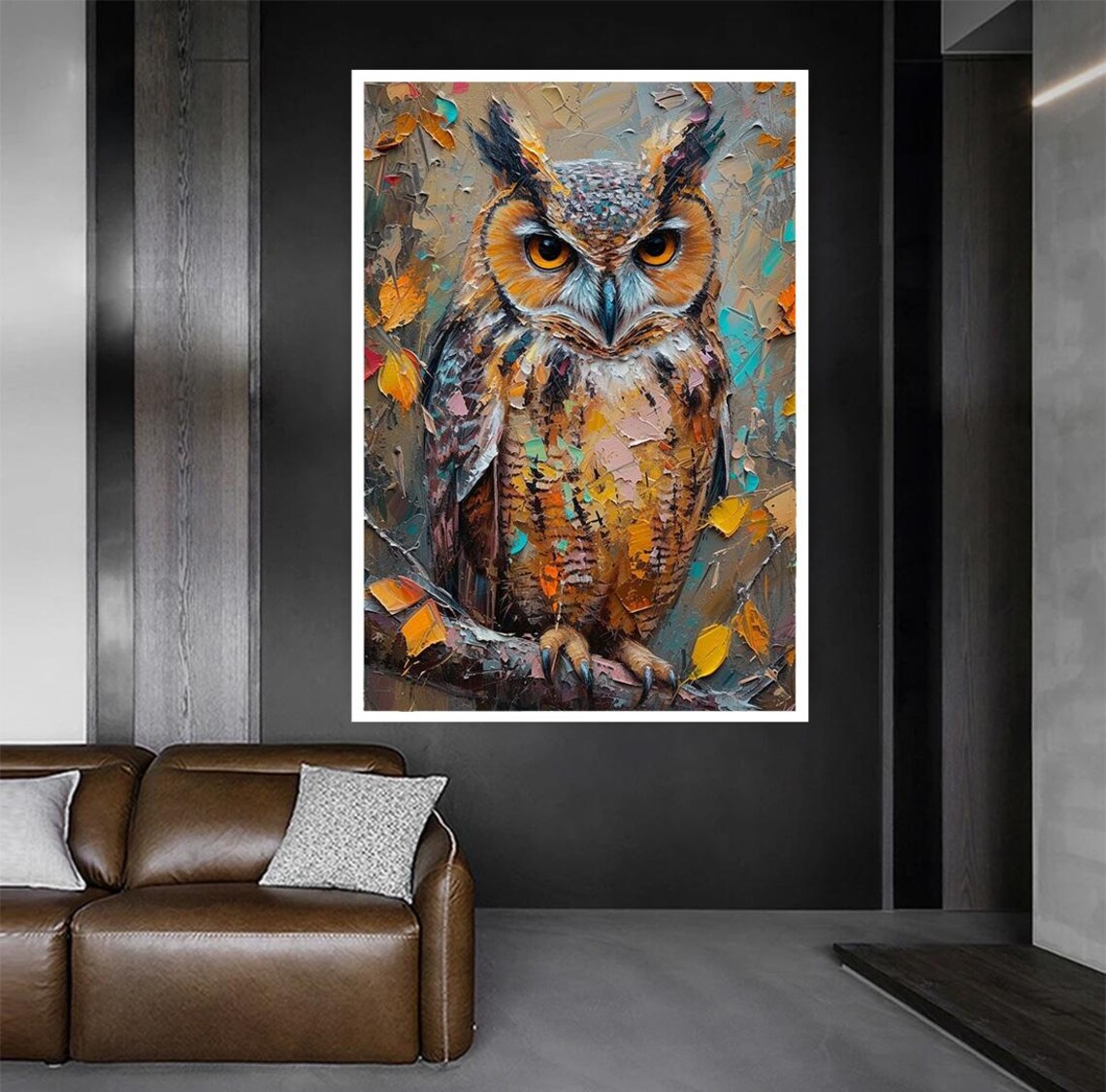 Impasto Owl Among Autumn Leaves Textured Oil Painting Bird Poster - Image 2
