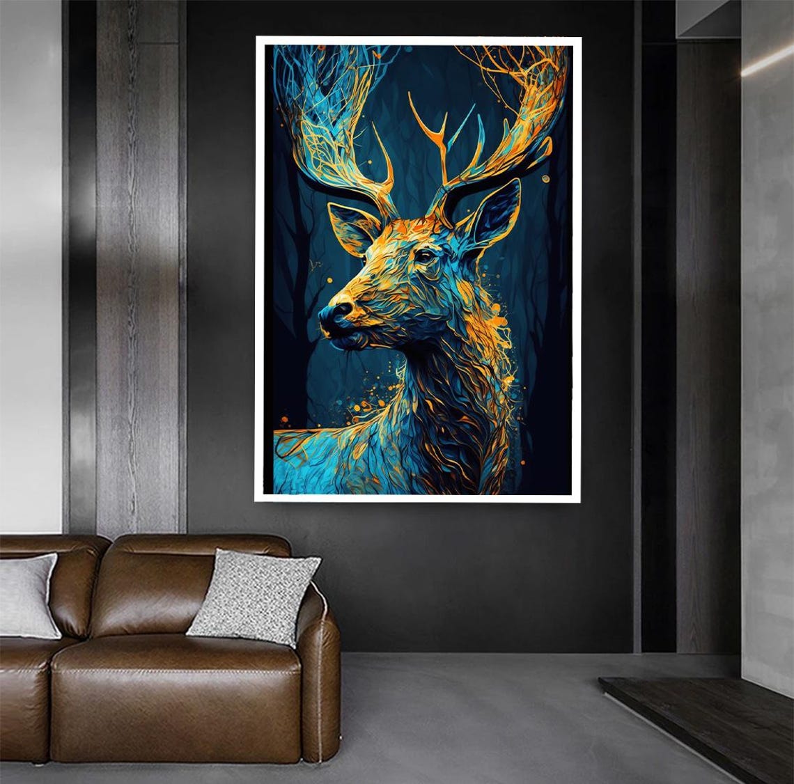 Glowing Blue And Gold Stag Portrait In A Dark Pine Forest Poster - Image 2