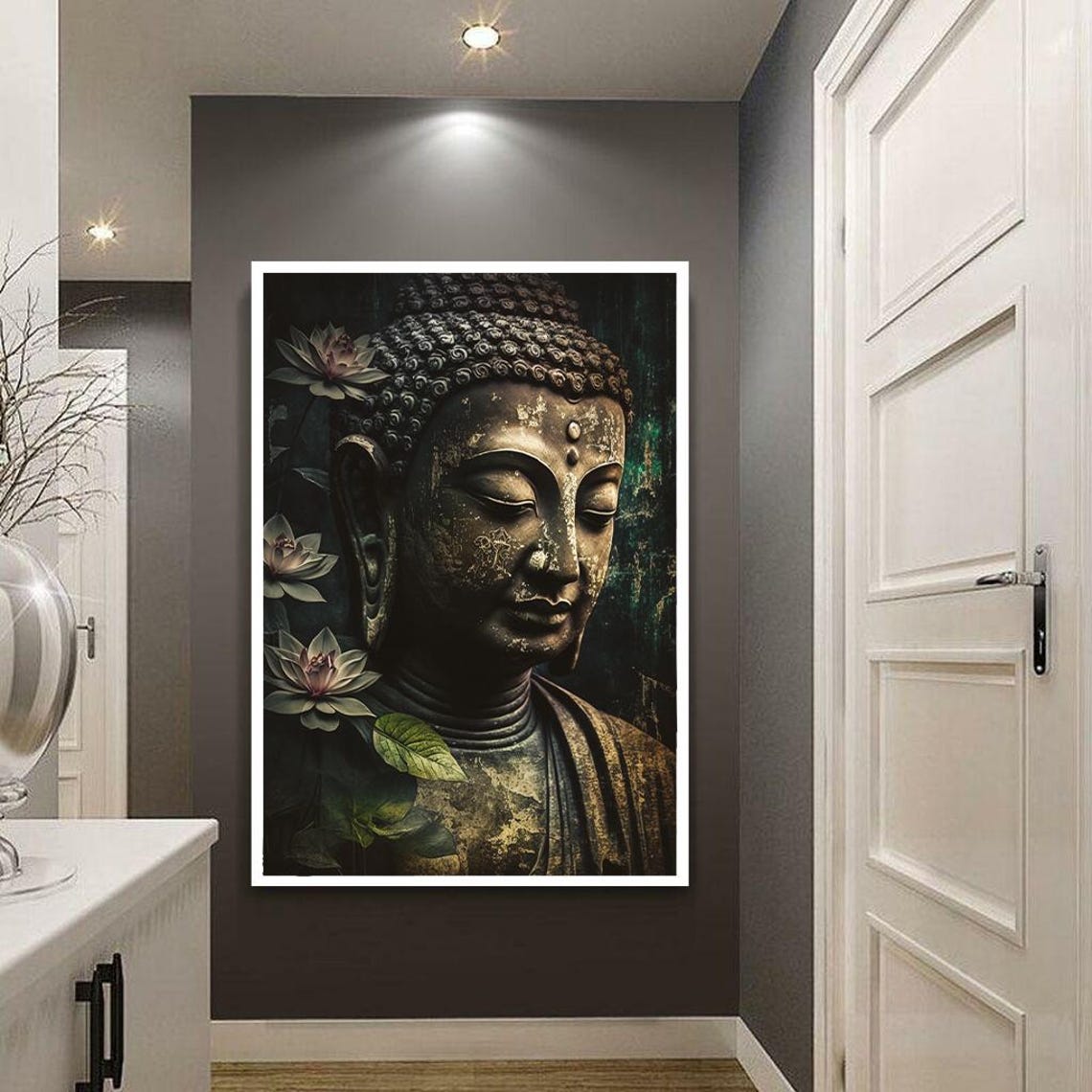 Golden Buddha With Lotus Flowers On Deep Dark Botanical Wall Art - Image 2