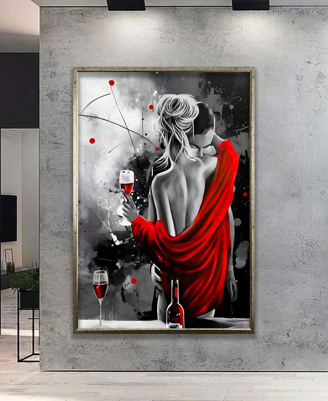 Elegant Woman With Wine Glass Draped In Flowing Red Silk Wall Art - Image 5