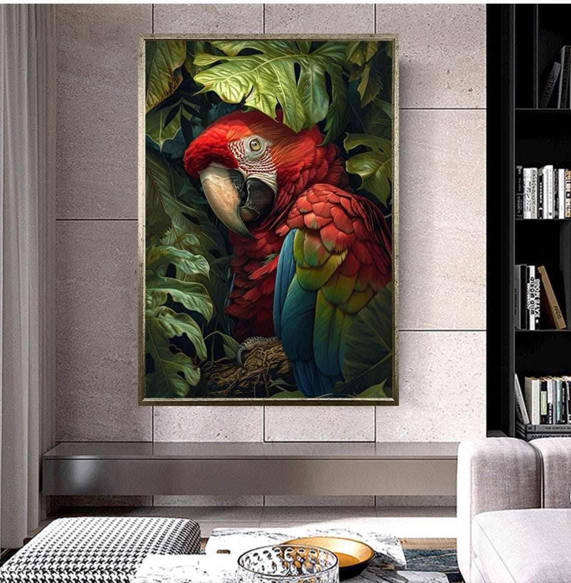 Scarlet Macaw Parrot Peeking Through Tropical Jungle Leaves Poster - Image 4