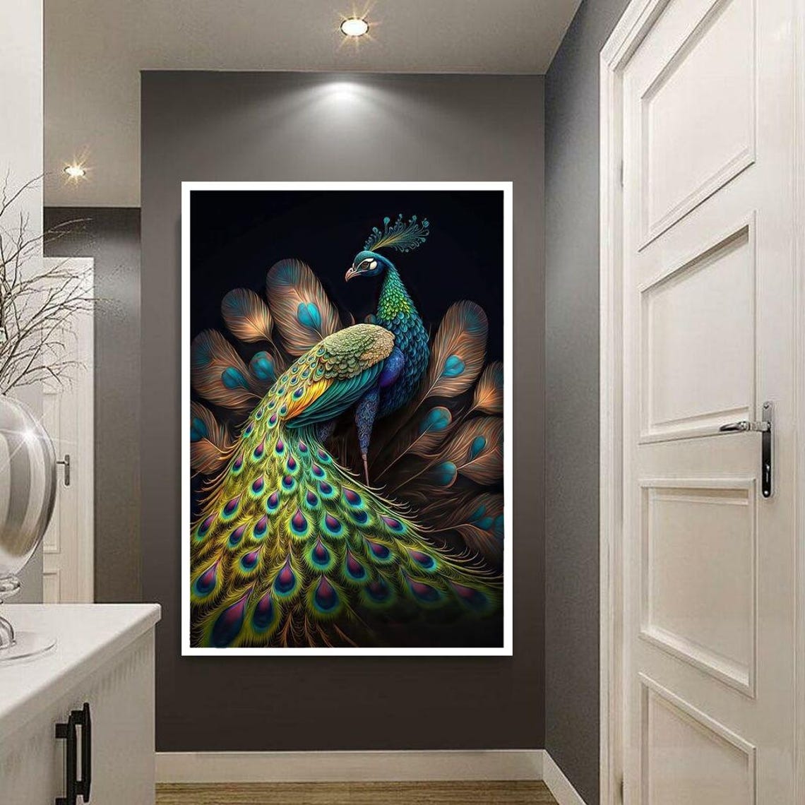 Peacock With Fanned Tail On Black Elegant Luxury Bird Poster - Image 3
