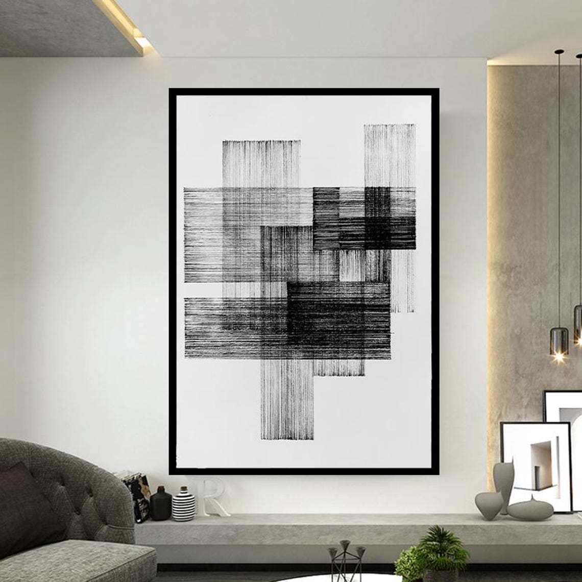 Minimalist Black White Overlapping Blocks Abstract Art Poster - Image 3
