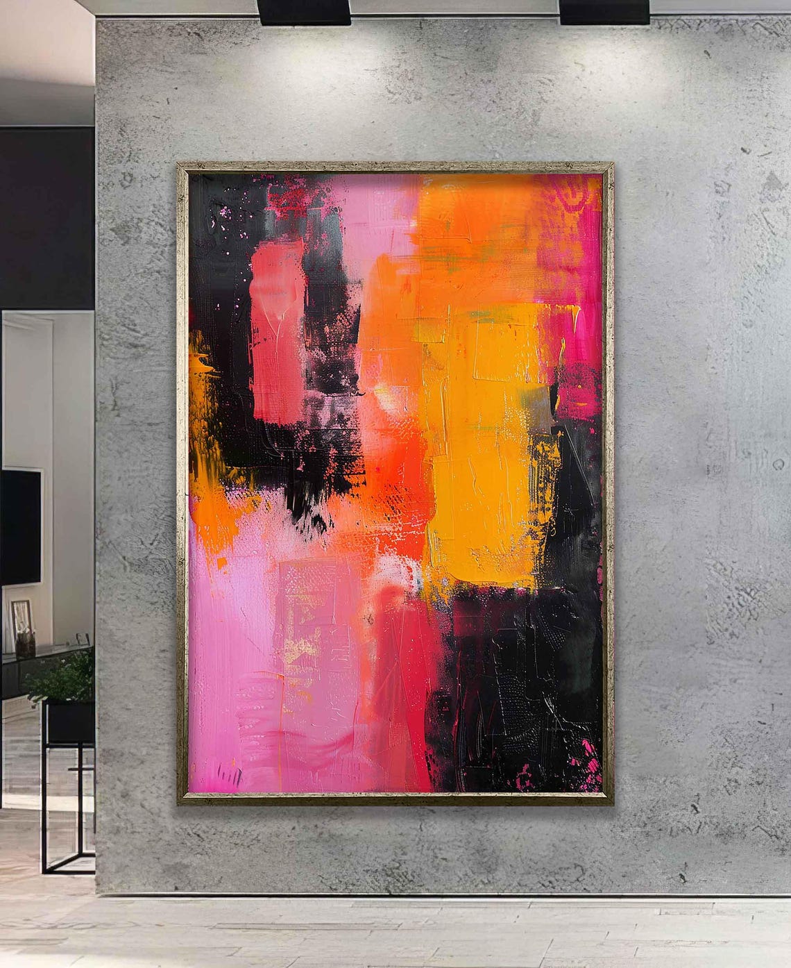 Vibrant Pink Orange and Black Bold Abstract Brushwork Art Poster - Image 5