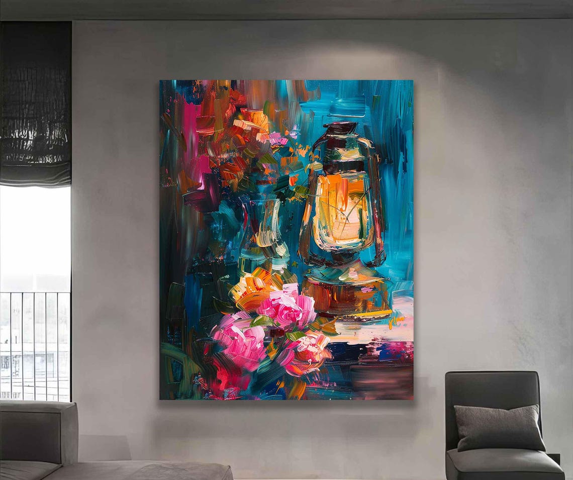 Colorful Abstract Oil Lamp Framed Print Modern Western Art Unique Lamp Wall Art For Bedroom Decor - Image 4