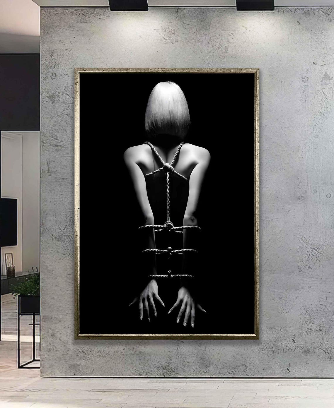 Standing Woman with Bound Arms Black White Shibari Art Poster - Image 5