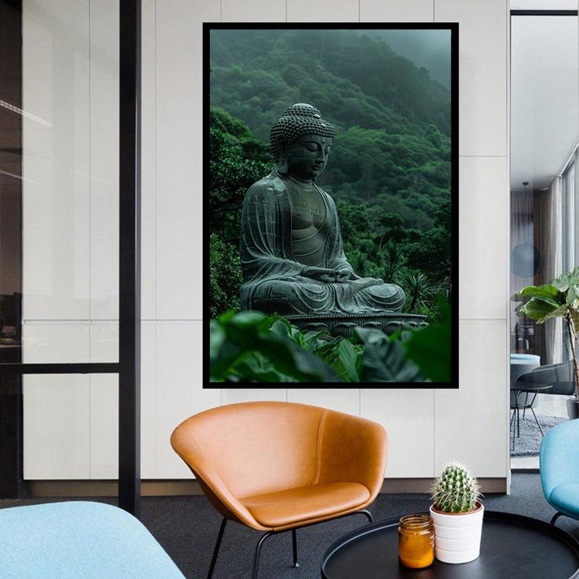 Ancient Stone Buddha Statue Meditating In Misty Green Forest Poster - Image 3