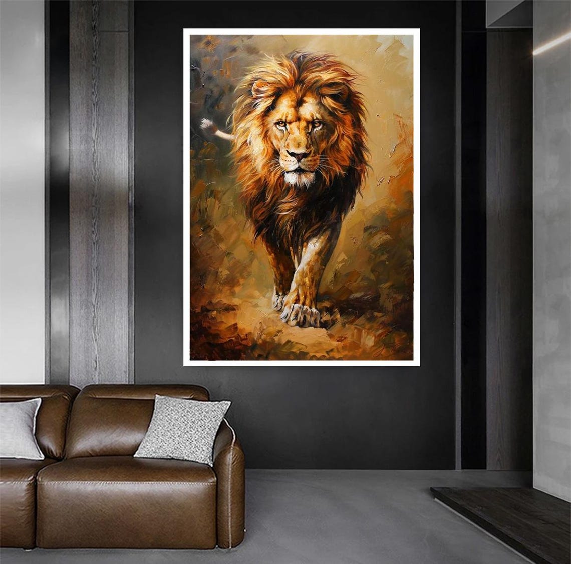 Realistic Lion Walking Forward Warm Oil Painting Wildlife Poster - Image 3
