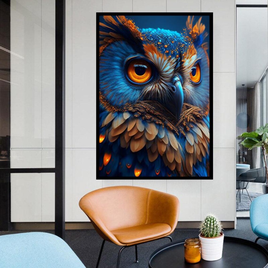 Striking Blue Owl Close-Up Portrait With Glowing Amber Eyes Poster - Image 2