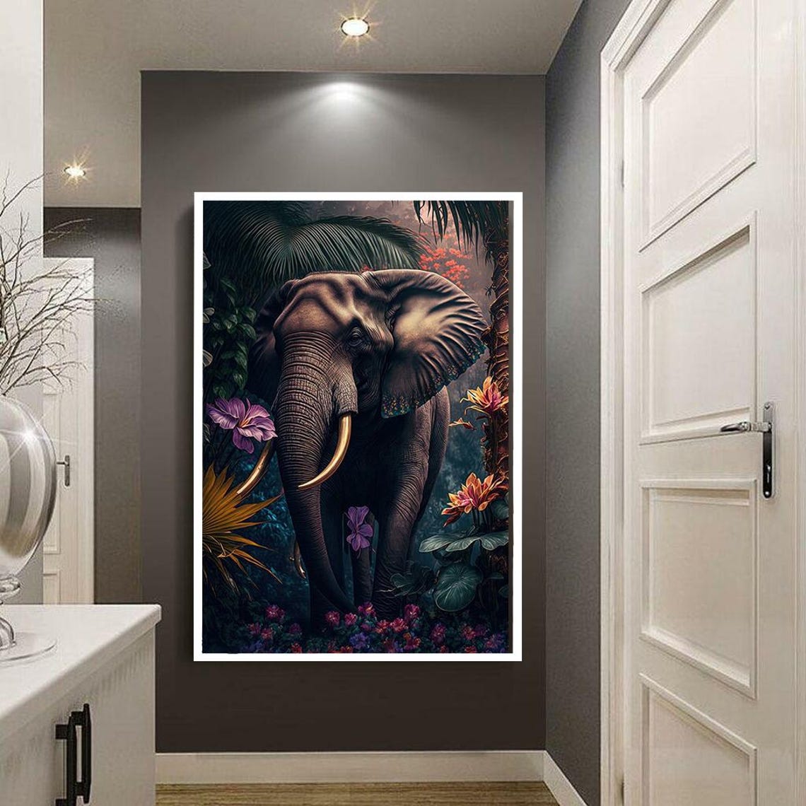 Majestic Elephant In A Lush Tropical Jungle With Flowers Wall Art - Image 3
