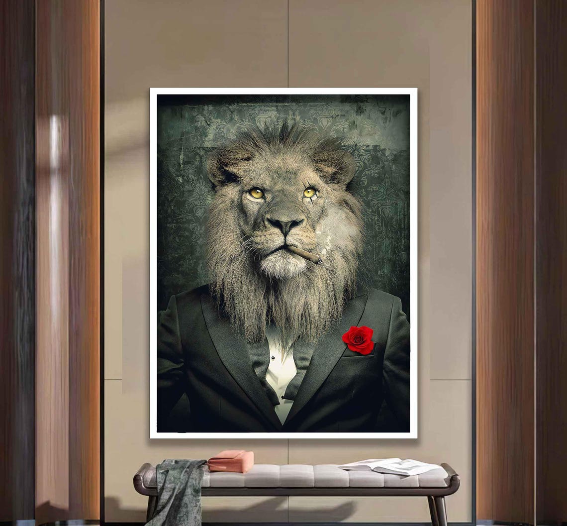 Gangster Lion In Tuxedo With Cigar Red Rose Funny Office Wall Art - Image 4