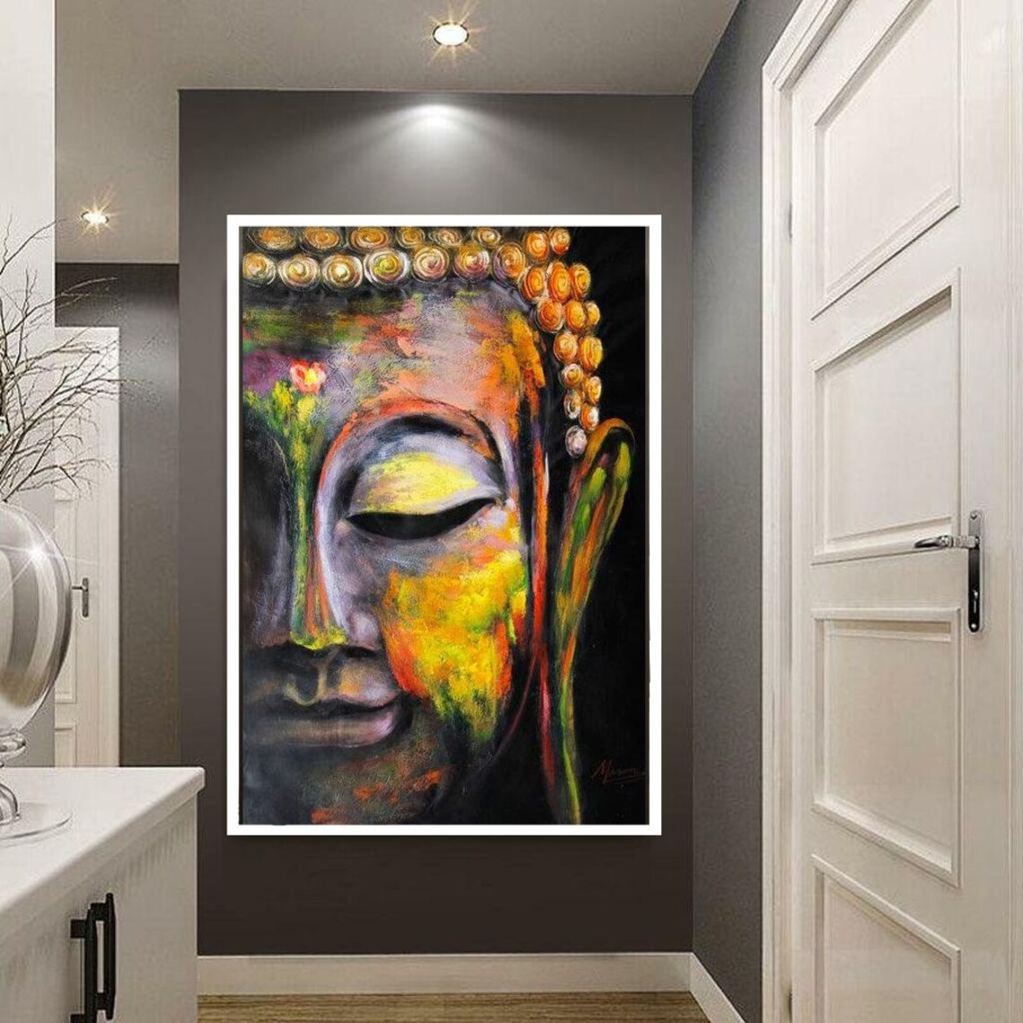 Vibrant Multicolor Painted Buddha Face Close-Up Spiritual Art Poster - Image 4