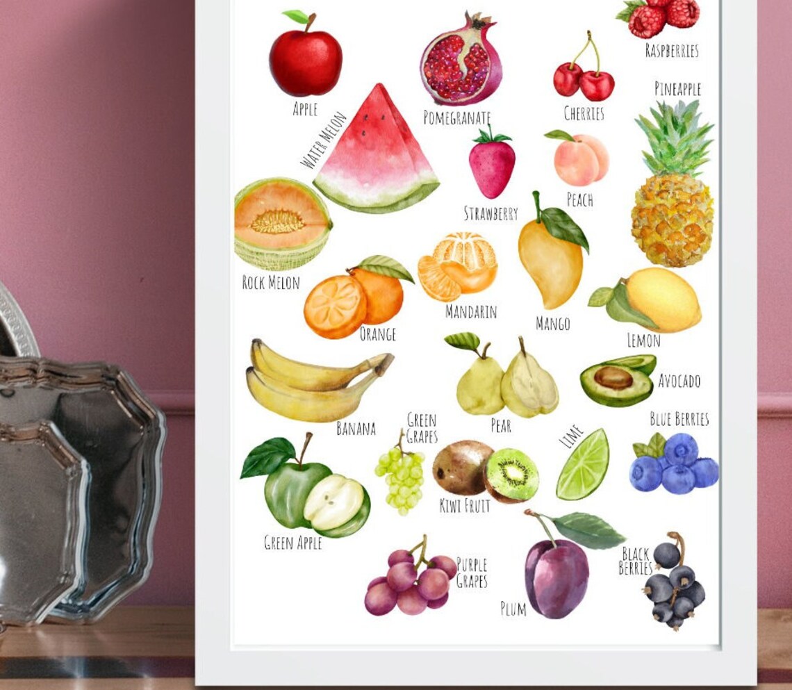 Watercolor Fruits Chart Apple Mango Pineapple Kids Kitchen Art Poster - Image 3