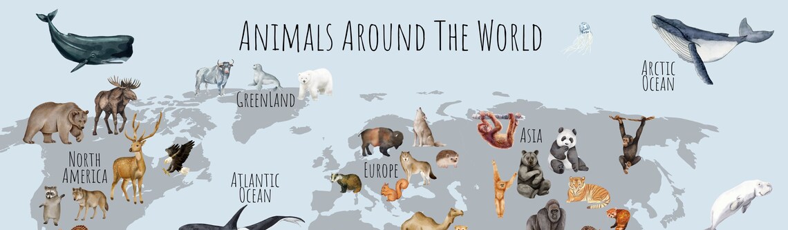 Watercolor Animals Around the World Map Kids Nursery Art Poster - Image 5