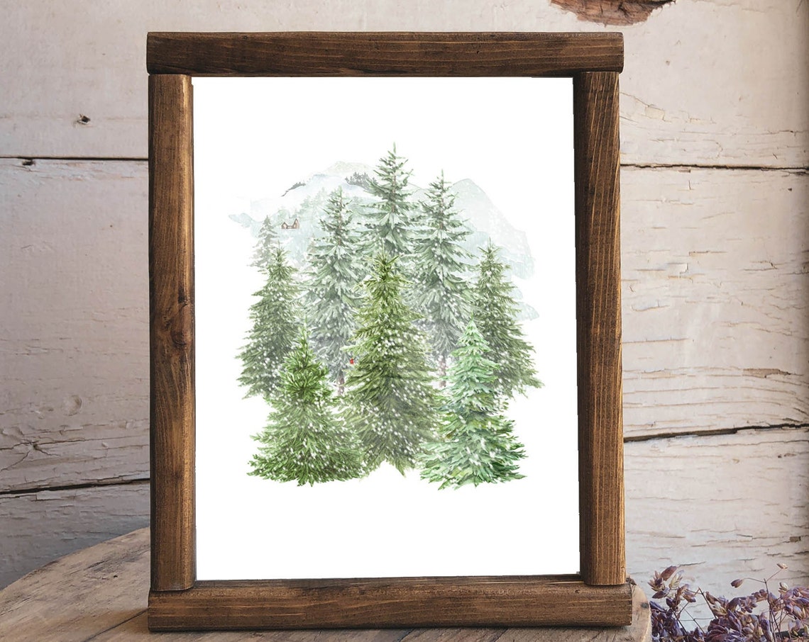 Snowy Evergreen Trees Watercolor Minimalist Winter Forest Scene Poster