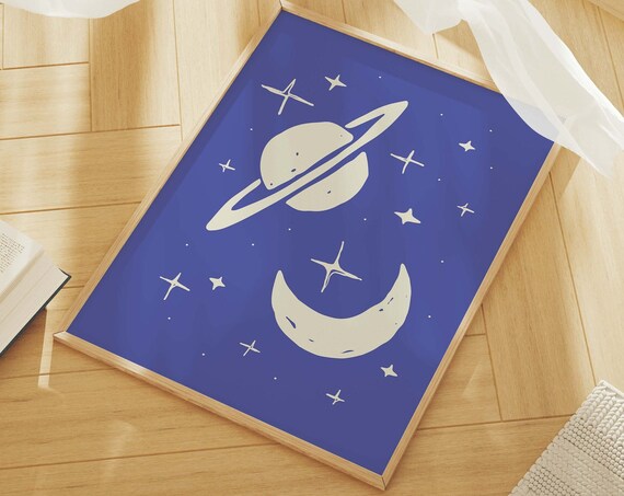 Blue Outer Space Illustration With Saturn Moon And Stars Wall Decor Poster