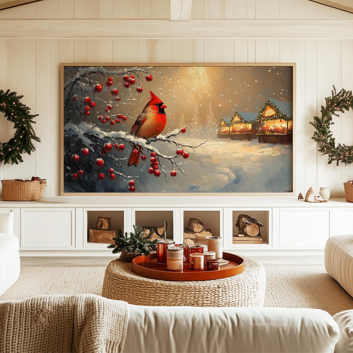 Red Cardinal On Snowy Berry Branch Christmas Market Glow Poster - Image 3